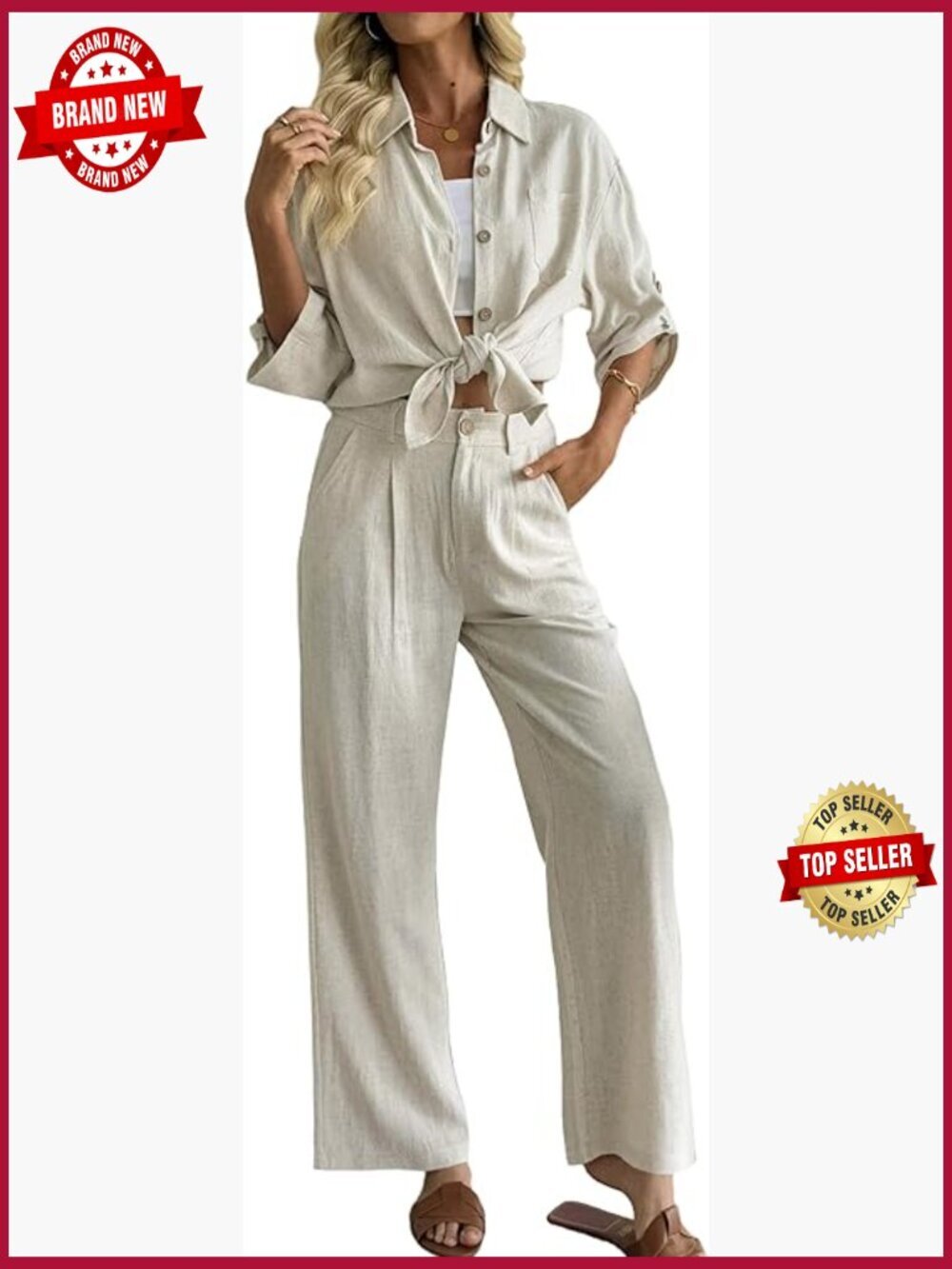 Linen 2 Piece Outfit Button Down Shirt Wide Leg Pants Set Casual Vacation